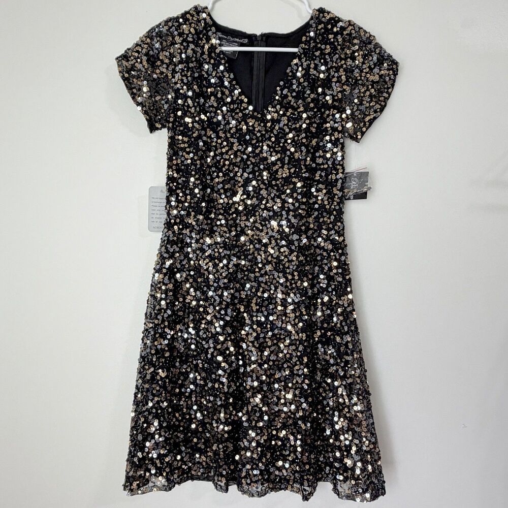Pisarro Nights Short Sequin Cocktail Dress Black Gold Silver NWT Women’s 6